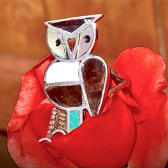 ⭐️💲SOLD💲⭐️ Vintage Sterling Silver & Stones Navajo Owl Ring - Picture 5 of 16